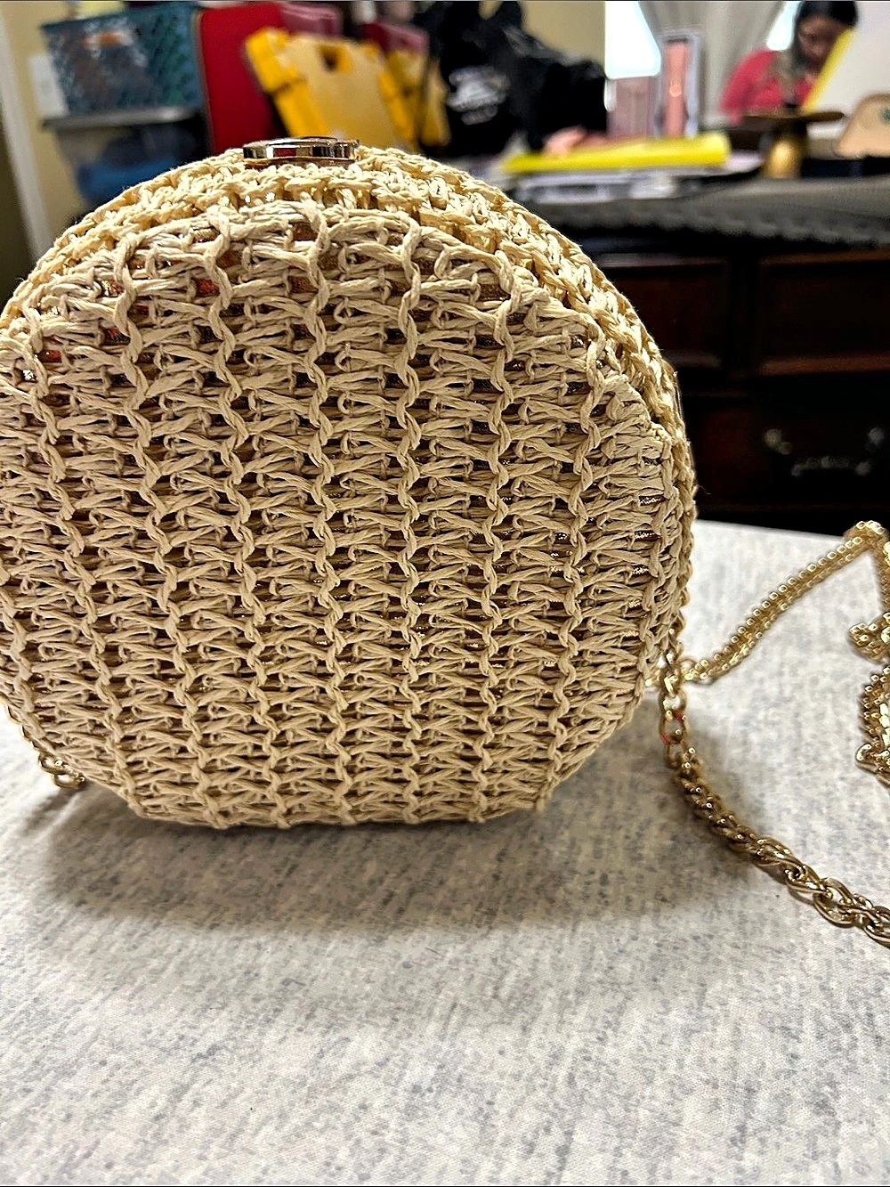 Round Woven Crossbody Bag in Beige